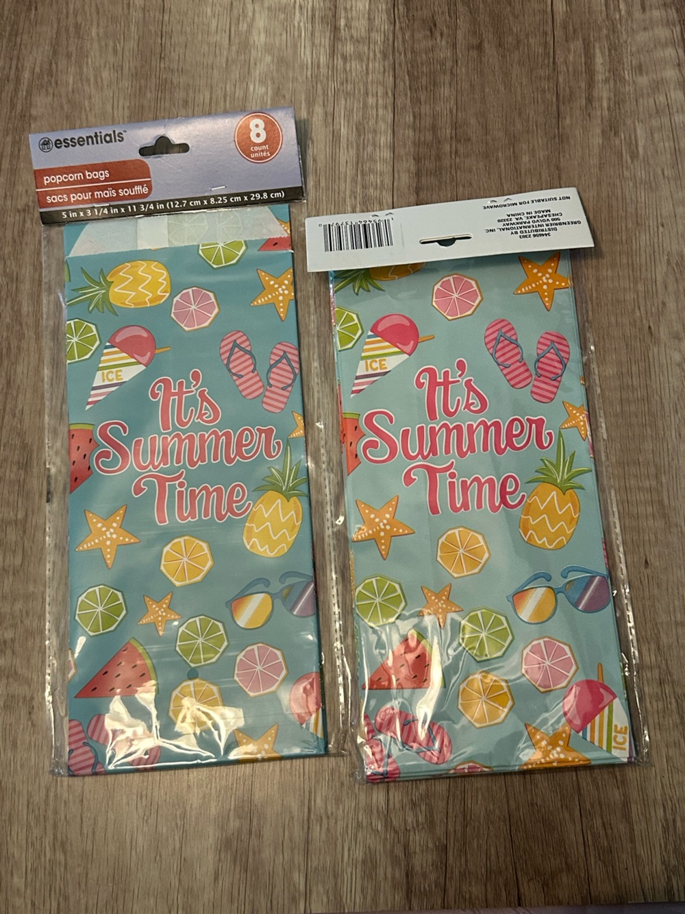Set of 2 essentials Blue "It's Summer Time" Popcorn Bags - 8 Pack